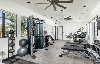 a gym with weights and a ceiling fan at Grandstone at Sunrise, Peoria, AZ